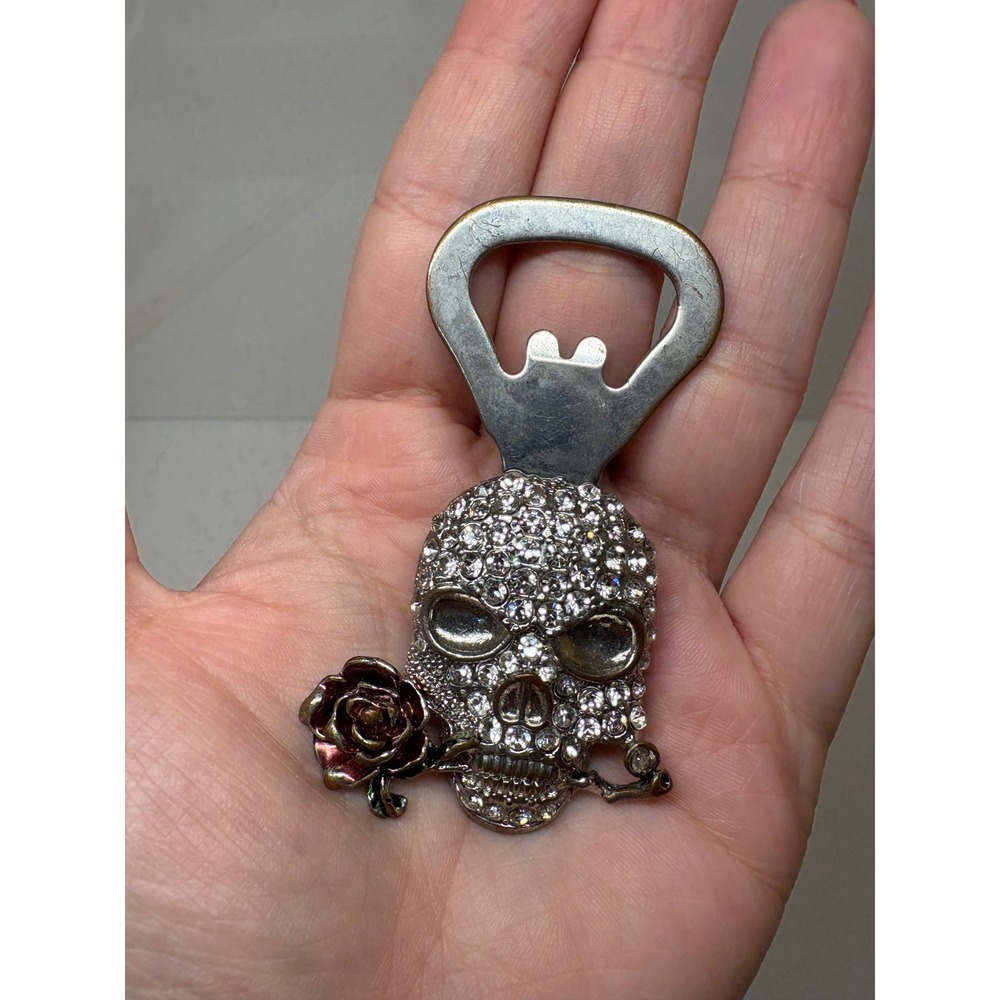 Bling Skull Bottle Opener Magnetic Rhinestone Rose Silver Tone